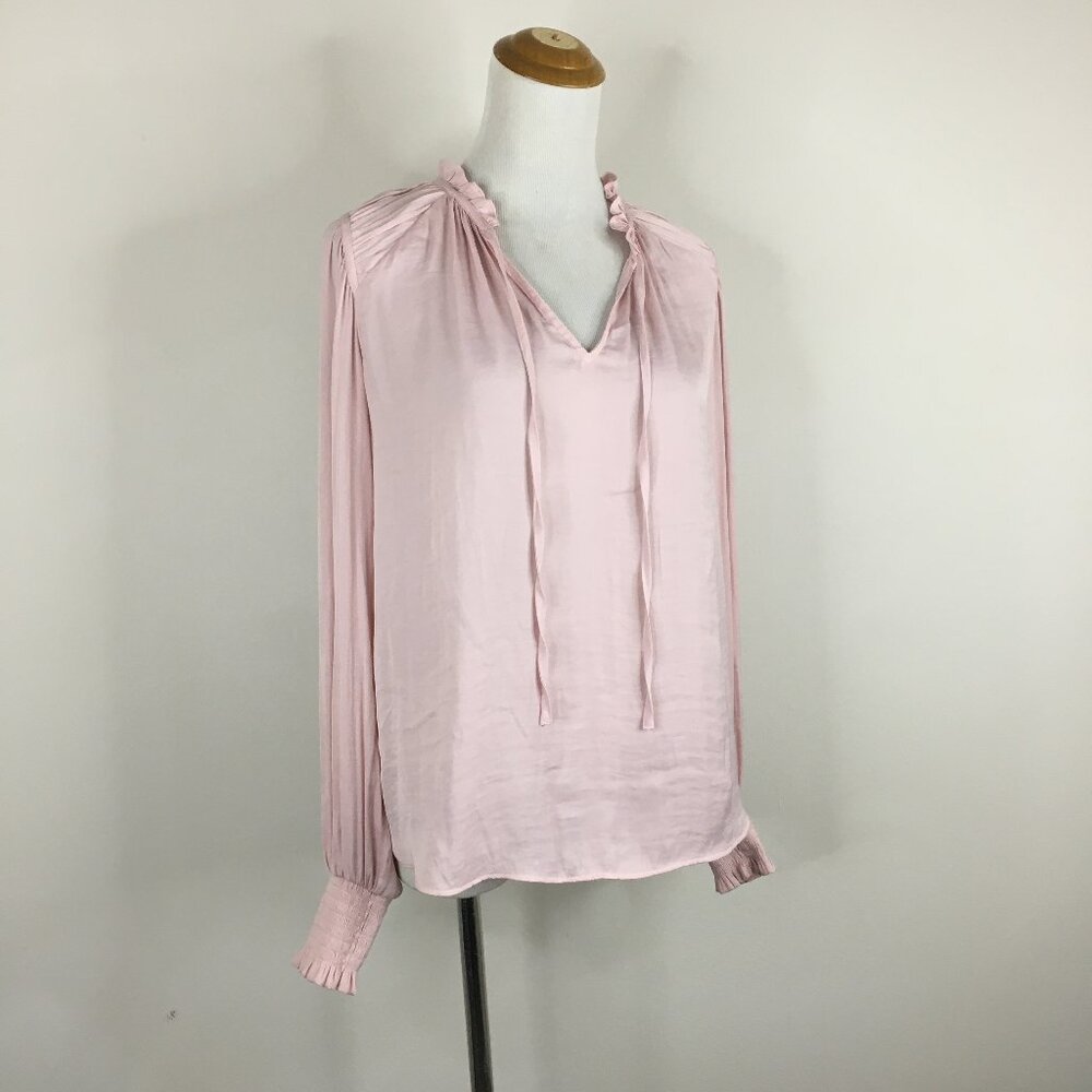 RACHEL ROY Pink Tie Collar Shirred/Ruffle Cuff Long Sleeve Blouse Shirt